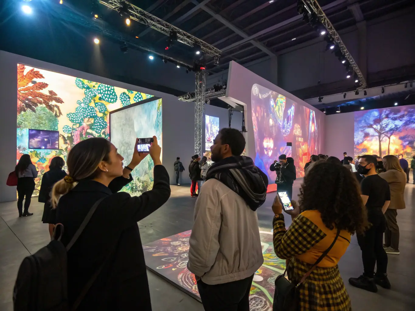 A dynamic in-game screenshot showing a group of diverse players collaborating in a futuristic virtual environment, with vibrant colors and interactive UI elements, representing the multiplayer aspect of the mobile gaming app.