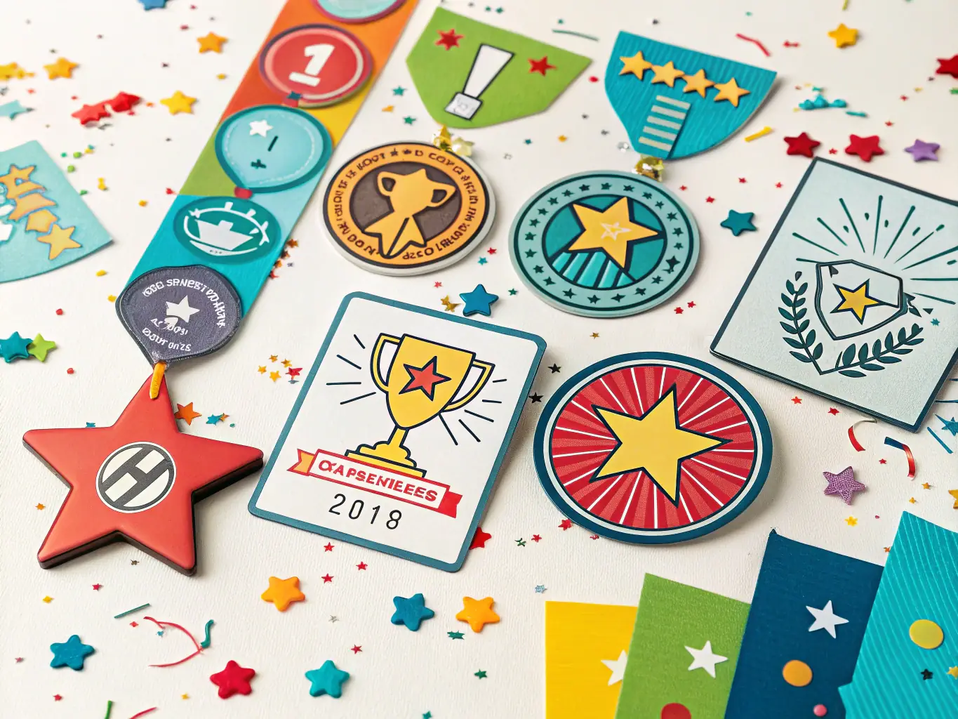 A vibrant illustration of in-game achievements and rewards, such as badges, coins, and unlockable characters, displayed on a mobile screen with celebratory confetti and glowing effects.